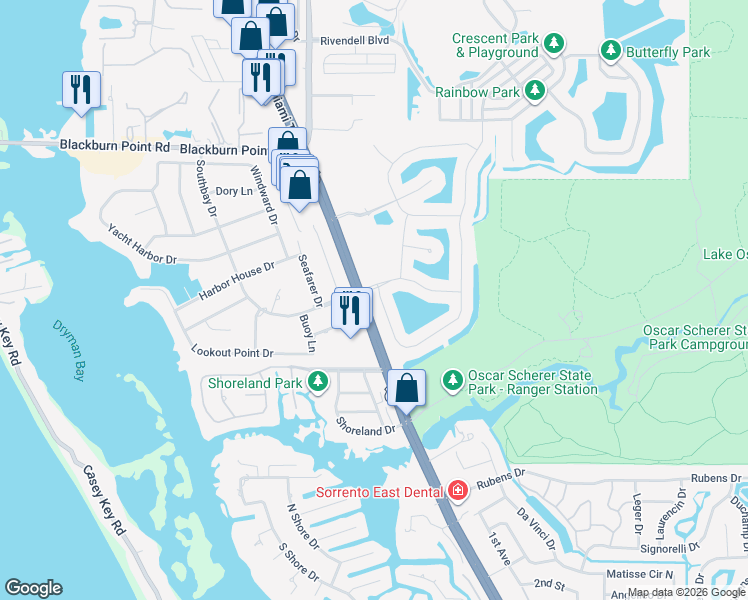 map of restaurants, bars, coffee shops, grocery stores, and more near 556 Crane Prairie Way in Osprey