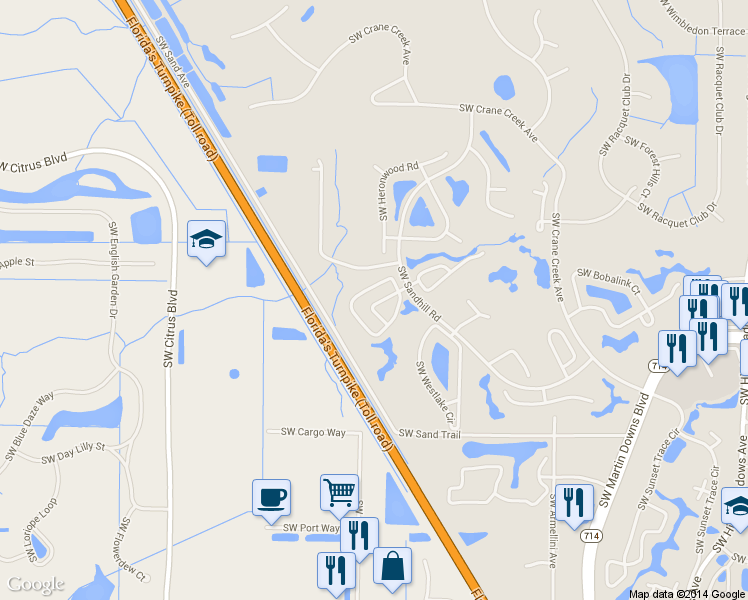 map of restaurants, bars, coffee shops, grocery stores, and more near 4151 Southwest Egret Pond Terrace in Palm City