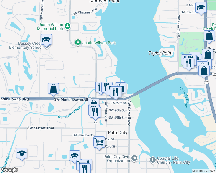 map of restaurants, bars, coffee shops, grocery stores, and more near 2545 Southwest Feroe Avenue in Palm City