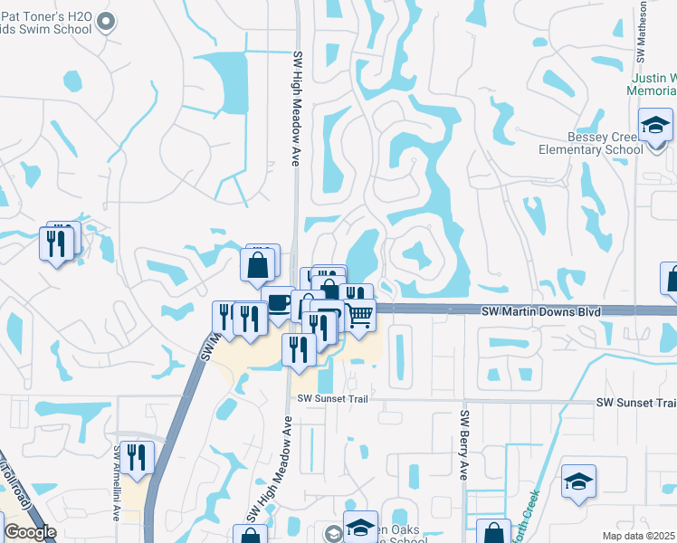 map of restaurants, bars, coffee shops, grocery stores, and more near 2456 Southwest Danbury Lane in Palm City