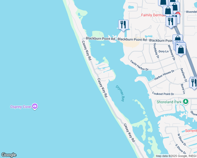 map of restaurants, bars, coffee shops, grocery stores, and more near 3699 Casey Key Road in Nokomis