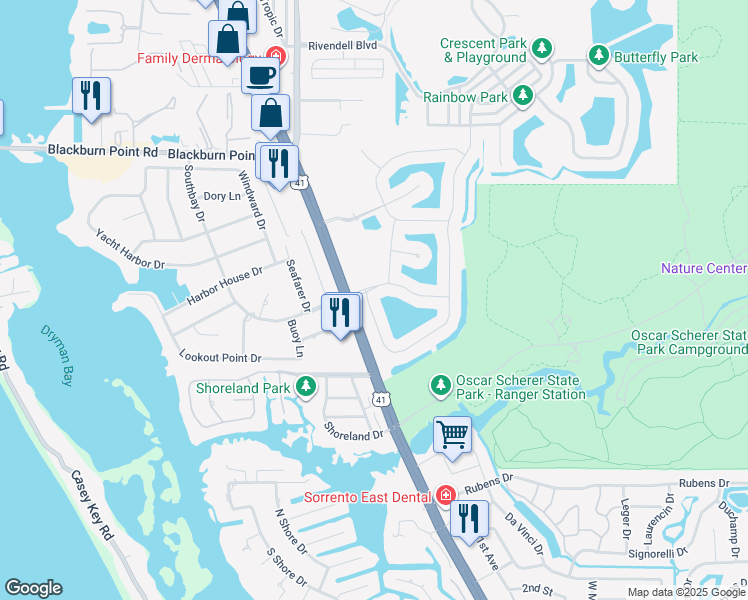 map of restaurants, bars, coffee shops, grocery stores, and more near 556 Crane Prairie Way in Osprey