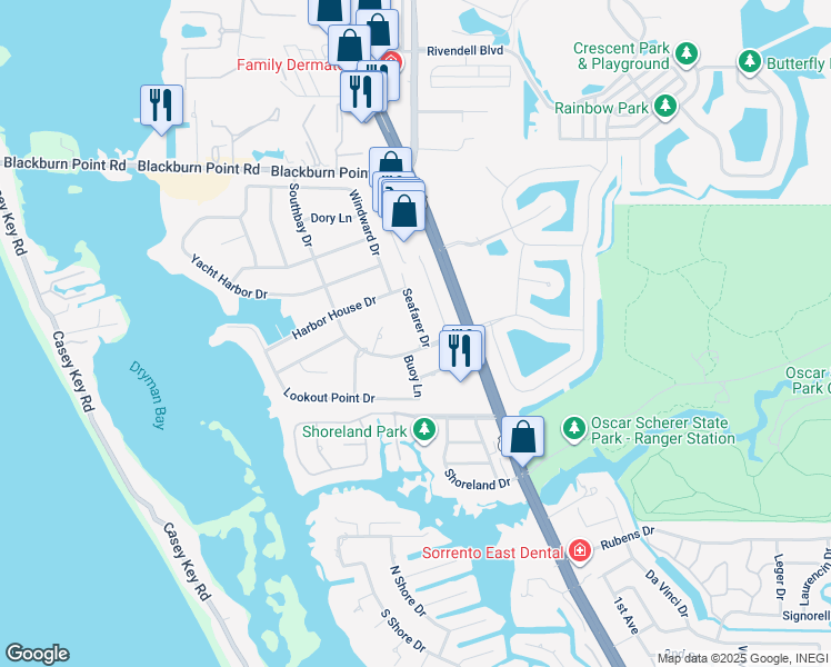 map of restaurants, bars, coffee shops, grocery stores, and more near 1484 Seafarer Drive in Osprey