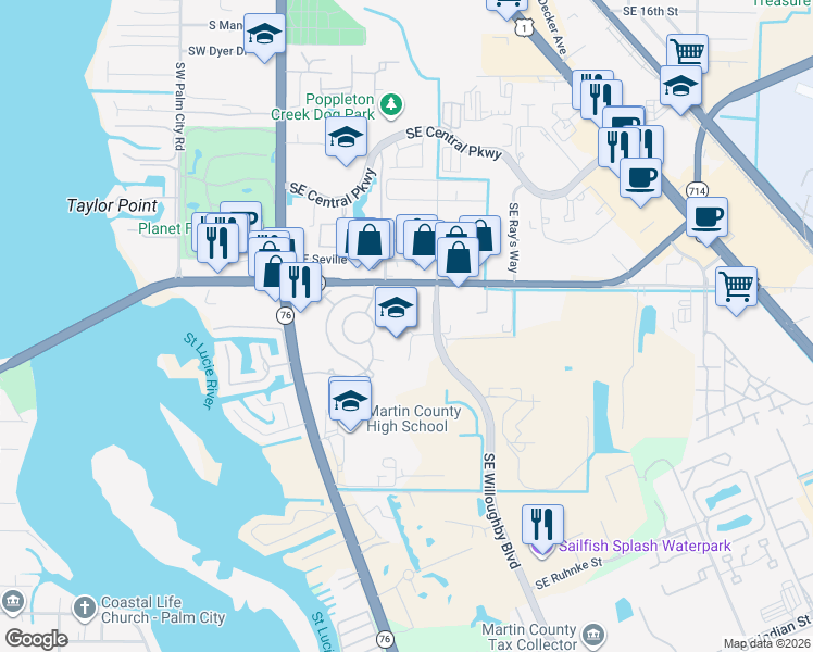 map of restaurants, bars, coffee shops, grocery stores, and more near 2550 Southeast Willoughby Boulevard in Stuart