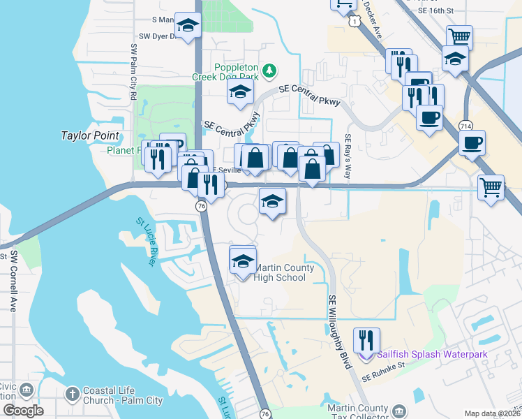 map of restaurants, bars, coffee shops, grocery stores, and more near 2550 Southeast Willoughby Boulevard in Stuart