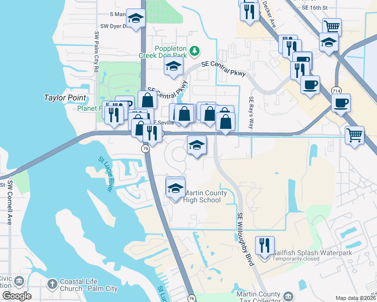 map of restaurants, bars, coffee shops, grocery stores, and more near 240 Southeast Easy Street in Stuart
