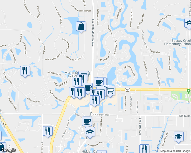 map of restaurants, bars, coffee shops, grocery stores, and more near 2883 Southwest Lakemont Place in Palm City