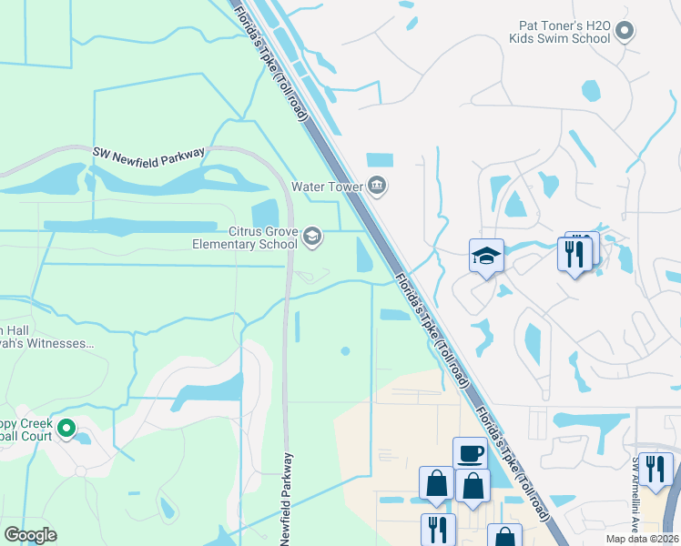 map of restaurants, bars, coffee shops, grocery stores, and more near 2527 Southwest Citrus Boulevard in Palm City