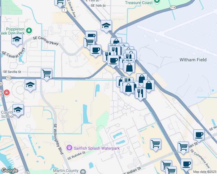 map of restaurants, bars, coffee shops, grocery stores, and more near 1180 Southeast Monterey Road in Stuart