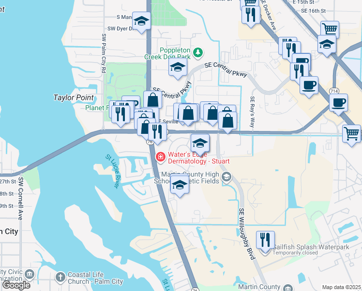 map of restaurants, bars, coffee shops, grocery stores, and more near 240 Southeast Easy Street in Stuart