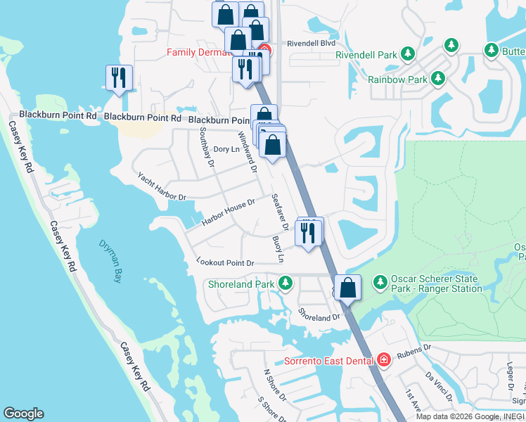 map of restaurants, bars, coffee shops, grocery stores, and more near 1469 Shoal Way in Osprey