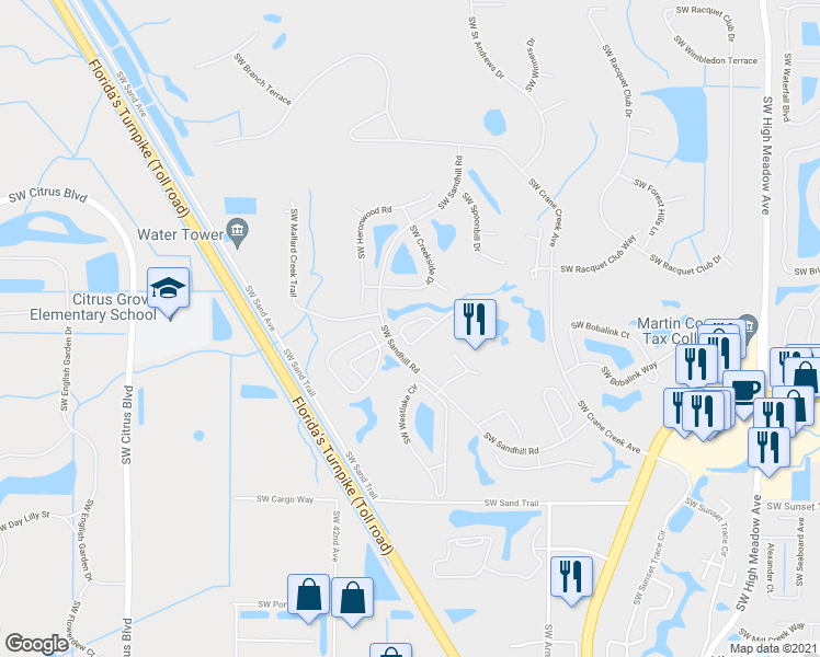 map of restaurants, bars, coffee shops, grocery stores, and more near 3874 Southwest Osprey Creek Way in Palm City