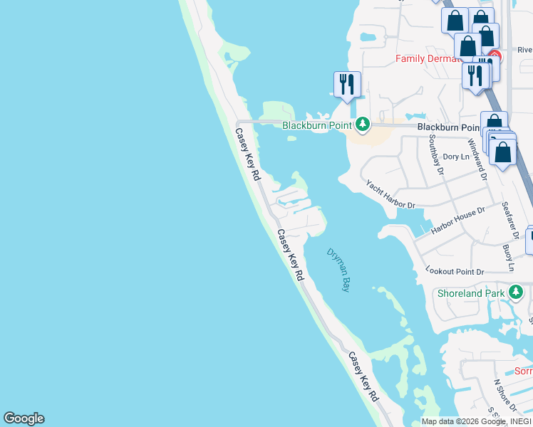 map of restaurants, bars, coffee shops, grocery stores, and more near 3801 North Casey Key Road in Nokomis