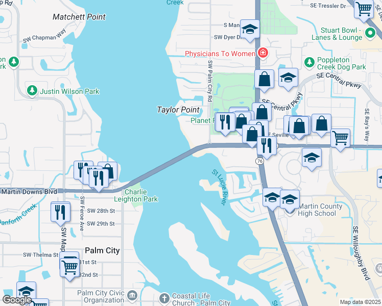 map of restaurants, bars, coffee shops, grocery stores, and more near 800 Southwest Monterey Road in Stuart