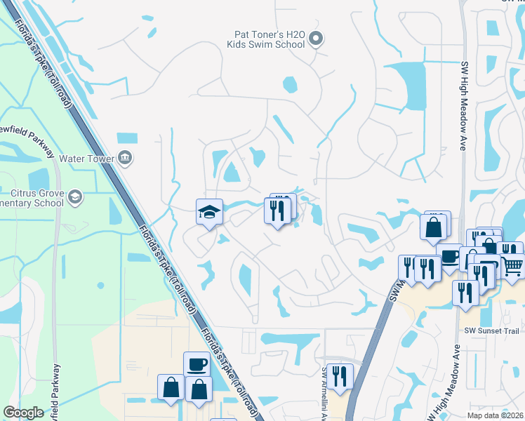 map of restaurants, bars, coffee shops, grocery stores, and more near 3964 Southwest Osprey Creek Way in Palm City