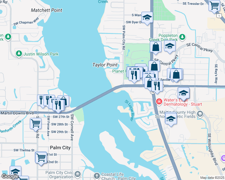 map of restaurants, bars, coffee shops, grocery stores, and more near 800 Southwest Monterey Road in Stuart