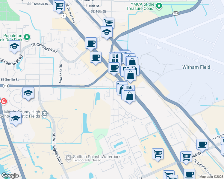 map of restaurants, bars, coffee shops, grocery stores, and more near 2104 Southeast Edler Drive in Stuart