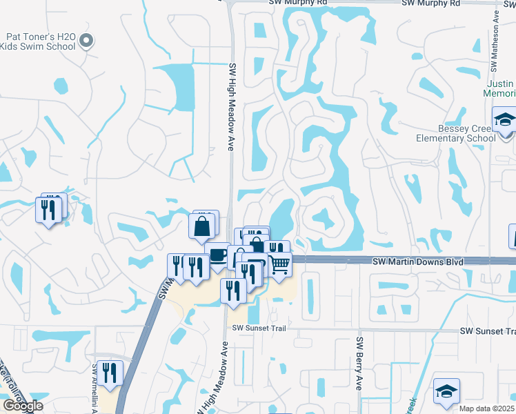 map of restaurants, bars, coffee shops, grocery stores, and more near 2401 Southwest Danbury Lane in Palm City