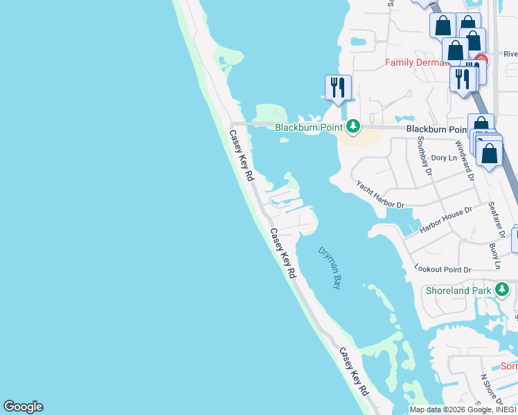 map of restaurants, bars, coffee shops, grocery stores, and more near 3801 Casey Key Road in Nokomis