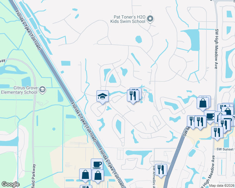map of restaurants, bars, coffee shops, grocery stores, and more near 3874 Southwest Osprey Creek Way in Palm City