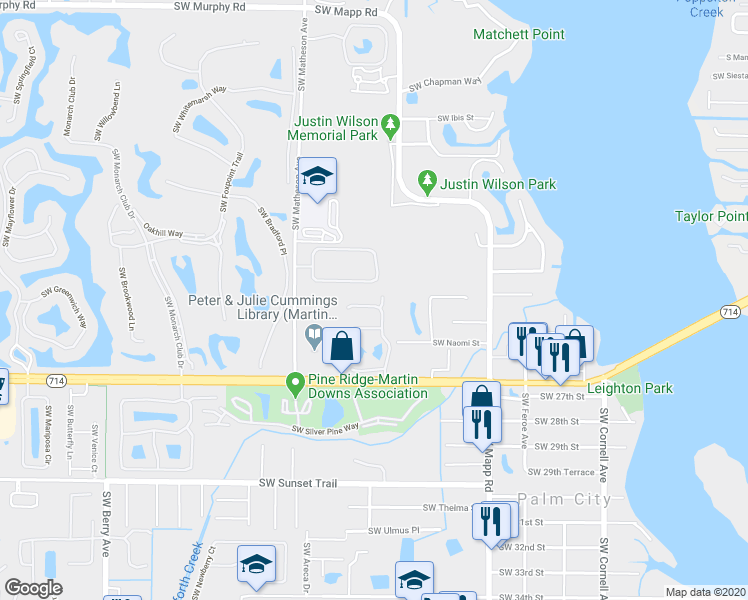 map of restaurants, bars, coffee shops, grocery stores, and more near 2463 Southwest Parkside Drive in Palm City