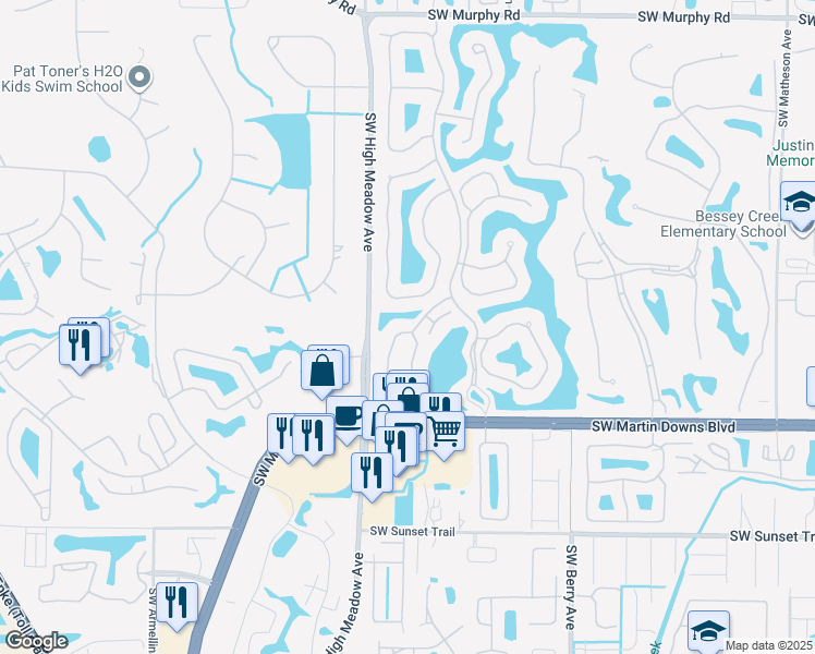 map of restaurants, bars, coffee shops, grocery stores, and more near 2401 Southwest Danbury Lane in Palm City