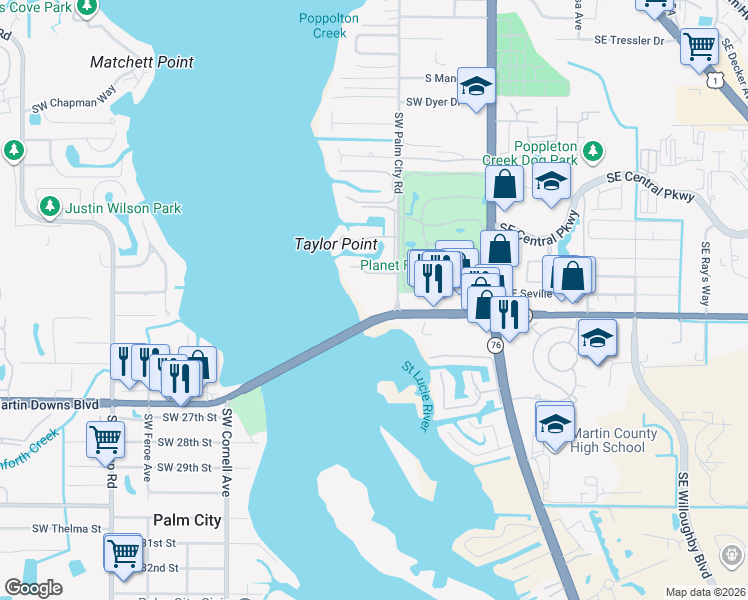 map of restaurants, bars, coffee shops, grocery stores, and more near 2330 Southwest Palm City Road in Stuart