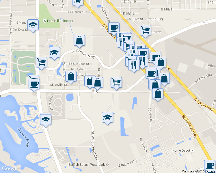 map of restaurants, bars, coffee shops, grocery stores, and more near 745 Southeast Monterey Road in Stuart