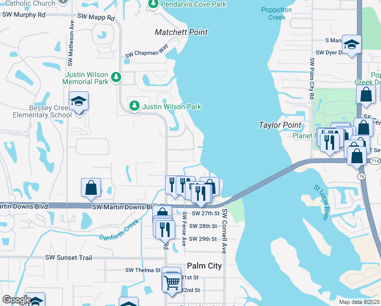 map of restaurants, bars, coffee shops, grocery stores, and more near 1050 Southwest Rio Vista Way in Palm City