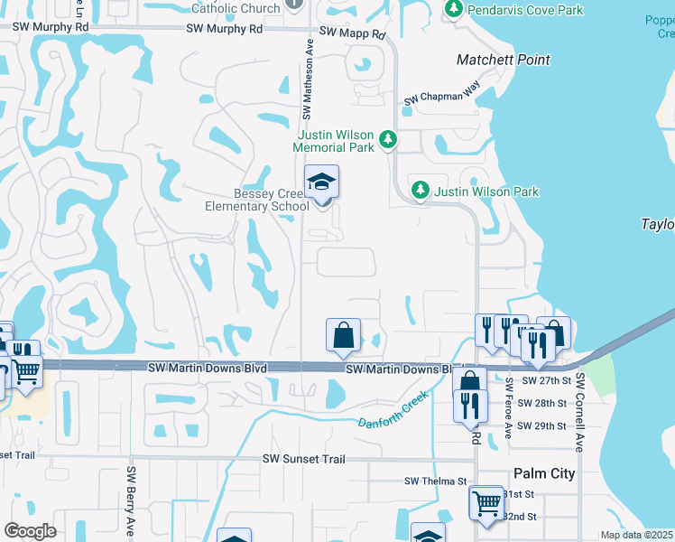 map of restaurants, bars, coffee shops, grocery stores, and more near 1595 Southwest Shady Lake Terrace in Palm City