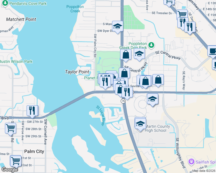map of restaurants, bars, coffee shops, grocery stores, and more near 183 Southwest Monterey Road in Stuart