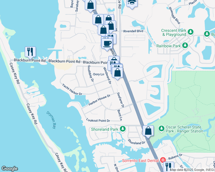map of restaurants, bars, coffee shops, grocery stores, and more near 1304 Windward Drive in Osprey