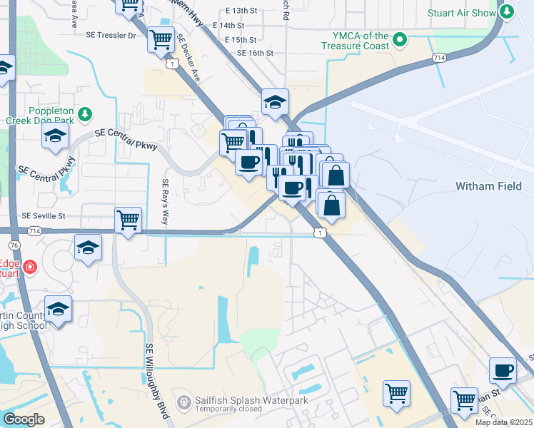map of restaurants, bars, coffee shops, grocery stores, and more near 1050 Southeast Monterey Road in Stuart