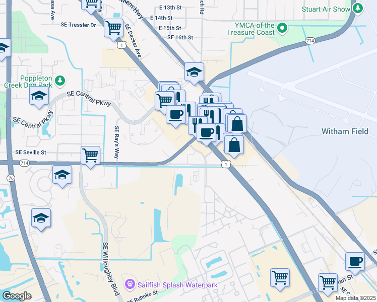 map of restaurants, bars, coffee shops, grocery stores, and more near 1050 Southeast Monterey Road in Stuart