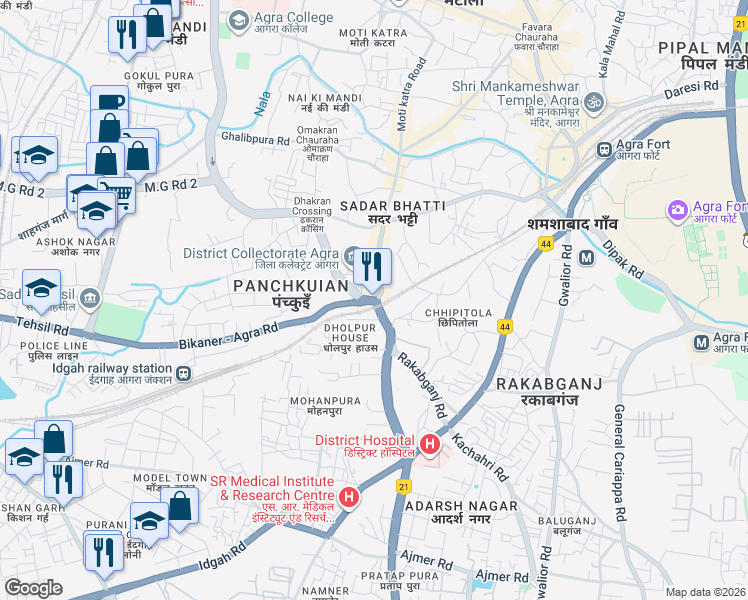 map of restaurants, bars, coffee shops, grocery stores, and more near in Agra