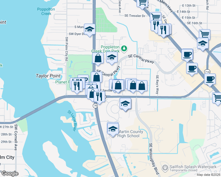 map of restaurants, bars, coffee shops, grocery stores, and more near 221 Southeast Seville Street in Stuart