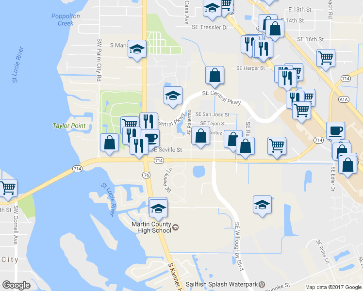 map of restaurants, bars, coffee shops, grocery stores, and more near 221 Southeast Seville Street in Stuart