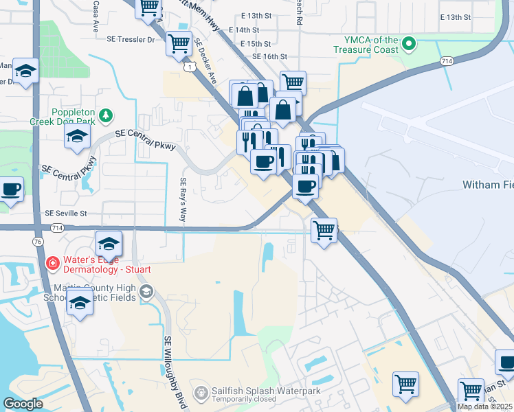 map of restaurants, bars, coffee shops, grocery stores, and more near 1021 Southeast Monterey Road in Stuart