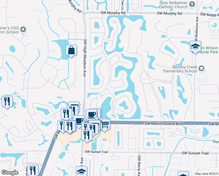 map of restaurants, bars, coffee shops, grocery stores, and more near 2198 Southwest Mayflower Drive in Palm City