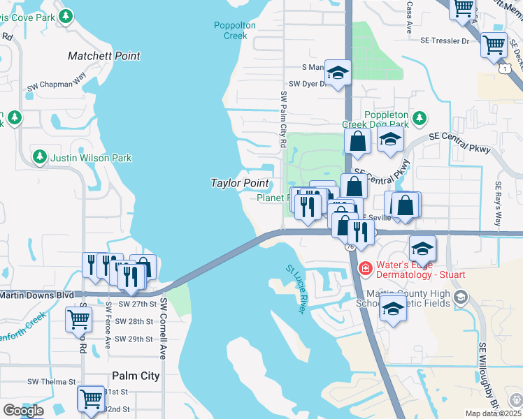 map of restaurants, bars, coffee shops, grocery stores, and more near 1984 SW Palm City Rd in Stuart