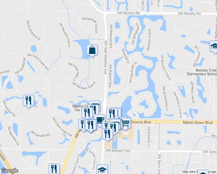 map of restaurants, bars, coffee shops, grocery stores, and more near 2887 Southwest Brighton Way in Palm City