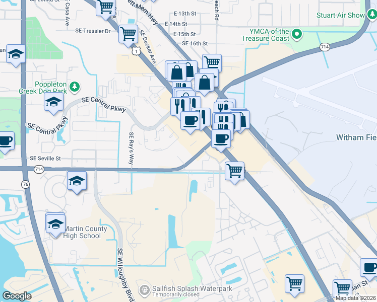 map of restaurants, bars, coffee shops, grocery stores, and more near 1021 Southeast Monterey Road in Stuart