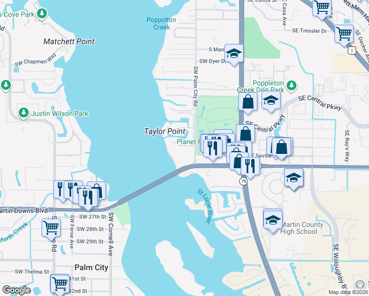 map of restaurants, bars, coffee shops, grocery stores, and more near 2330 Southwest Palm City Road in Stuart