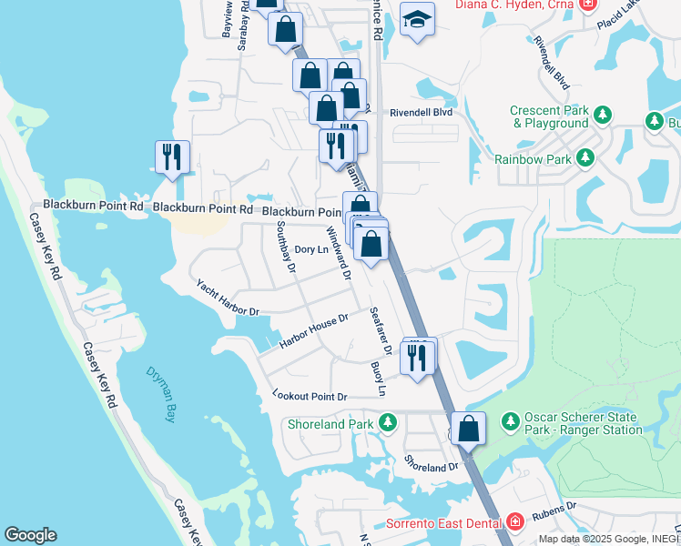 map of restaurants, bars, coffee shops, grocery stores, and more near 1304 Windward Drive in Osprey