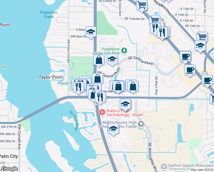 map of restaurants, bars, coffee shops, grocery stores, and more near 49 Southeast Sedona Circle in Stuart