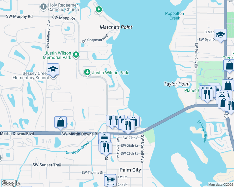 map of restaurants, bars, coffee shops, grocery stores, and more near 2205 Southwest Gull Harbor Lane in Palm City