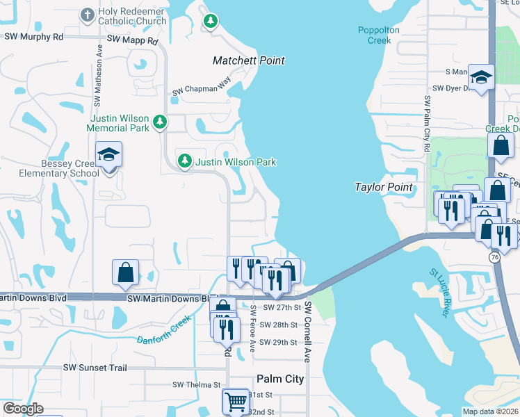 map of restaurants, bars, coffee shops, grocery stores, and more near 2205 Southwest Gull Harbor Lane in Palm City