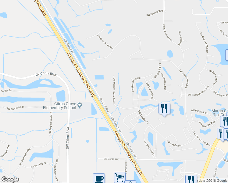 map of restaurants, bars, coffee shops, grocery stores, and more near 4100 Southwest Mallard Creek Trail in Palm City