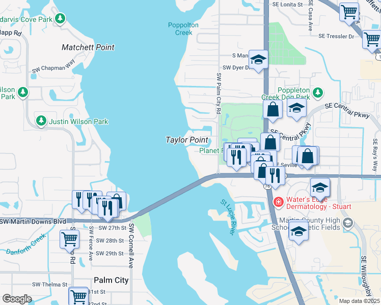 map of restaurants, bars, coffee shops, grocery stores, and more near 1984 Southwest Palm City Road in Stuart