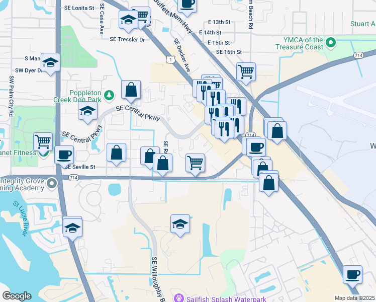 map of restaurants, bars, coffee shops, grocery stores, and more near 745 Southeast Monterey Road in Stuart